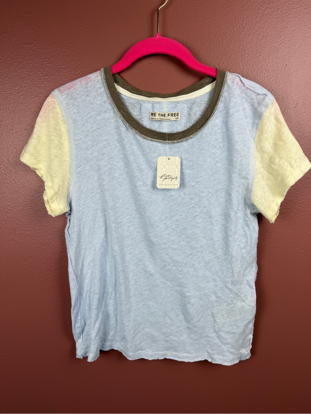 NWT Free People We The Free Short Sleeve Colorblock Tee Raw Hem Ancient Water